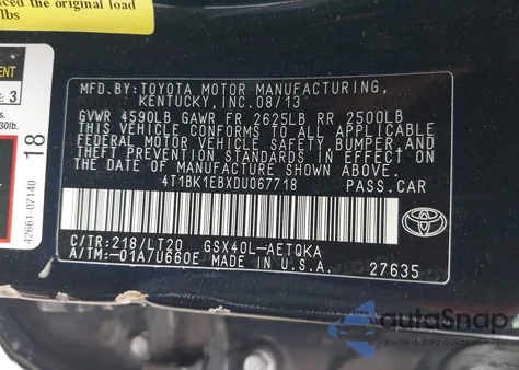 2013 Toyota Avalon Xle Premium из США, поврежденный, VIN 4T1BK1EBXDU06771